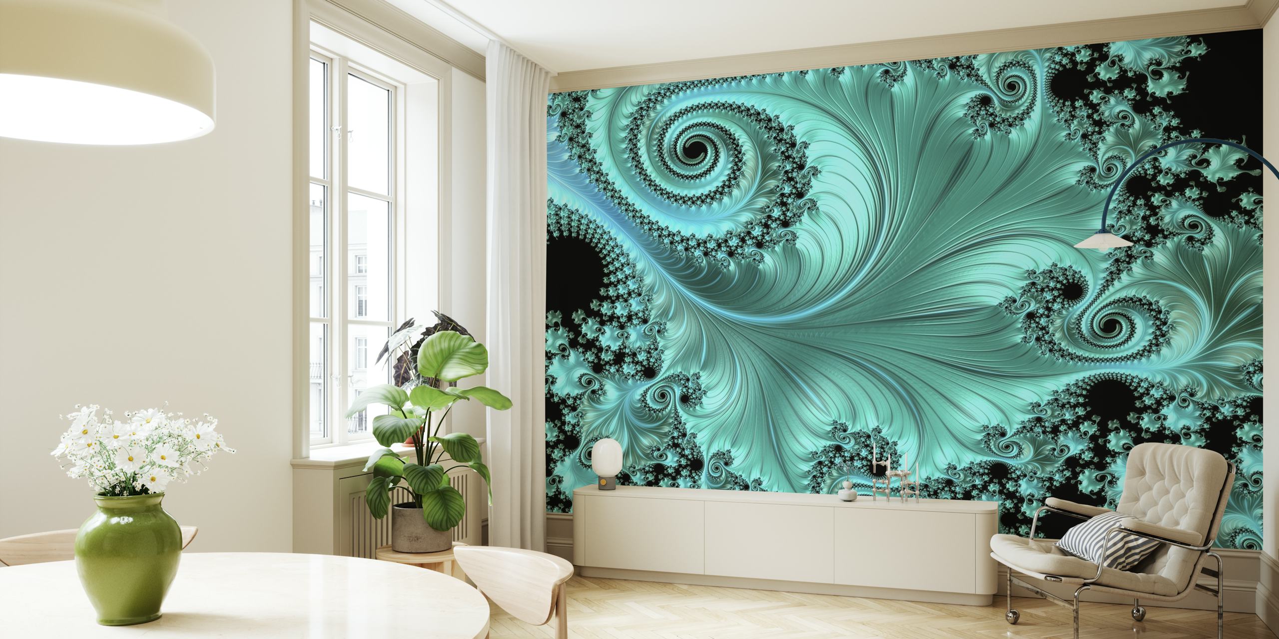 Turquoise swirling fractal pattern on black background wallpaper